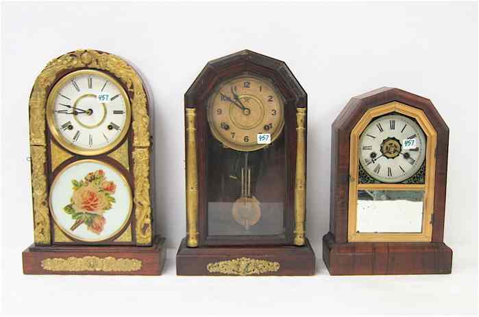 Appraisal: THREE ANTIQUE COTTAGE CLOCKS American styling including ''H Ansonia time