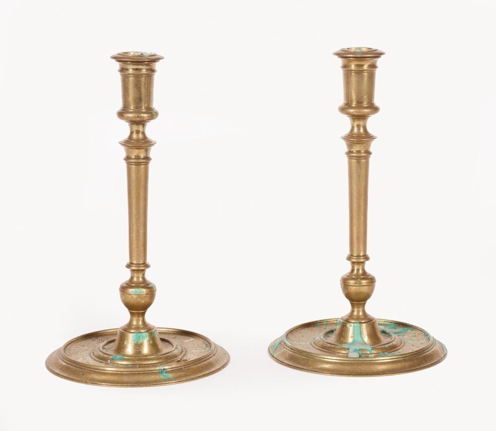 Appraisal: Pair of French Brass Candlesticks late th c large stepped