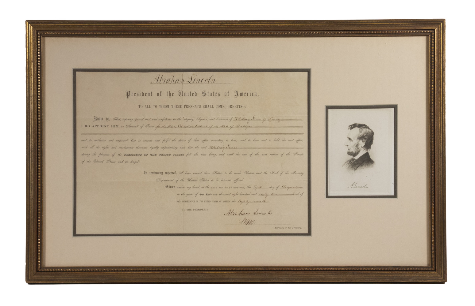 Appraisal: ABRAHAM LINCOLN APPOINTMENT WARTIME Appointment of Whitney Jones of Lansing