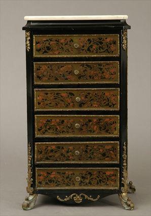 Appraisal: Louis XIV-Style Brass-Mounted Ebonized Miniature Chest of Drawers with Brass