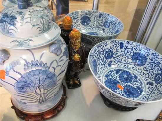 Appraisal: BLUE AND WHITE GINGER JAR CHINESE BOWL AND FIGURAL DECANTER