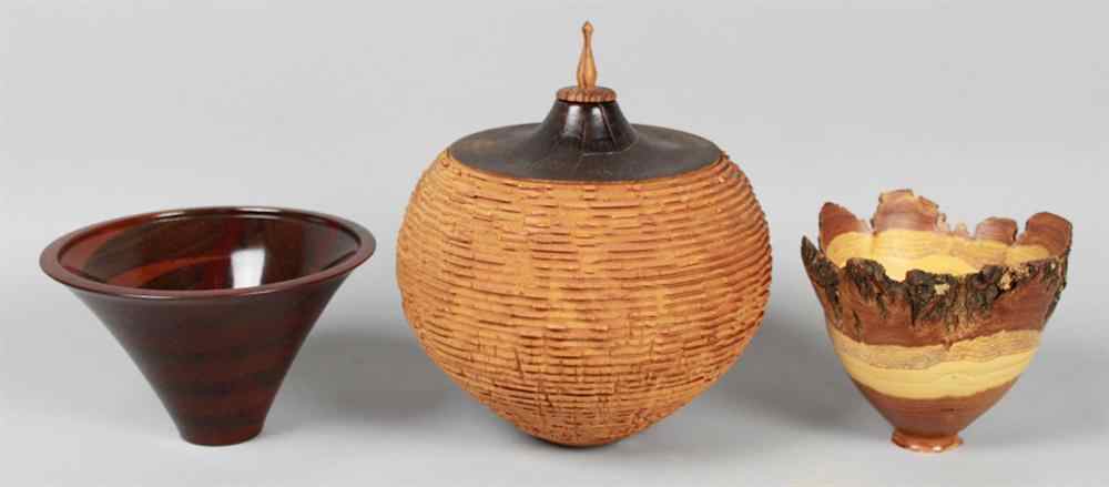 Appraisal: THREE CONTEMPORARY WOOD VESSELS BY MICHAEL MODE BRAD MOSS AND