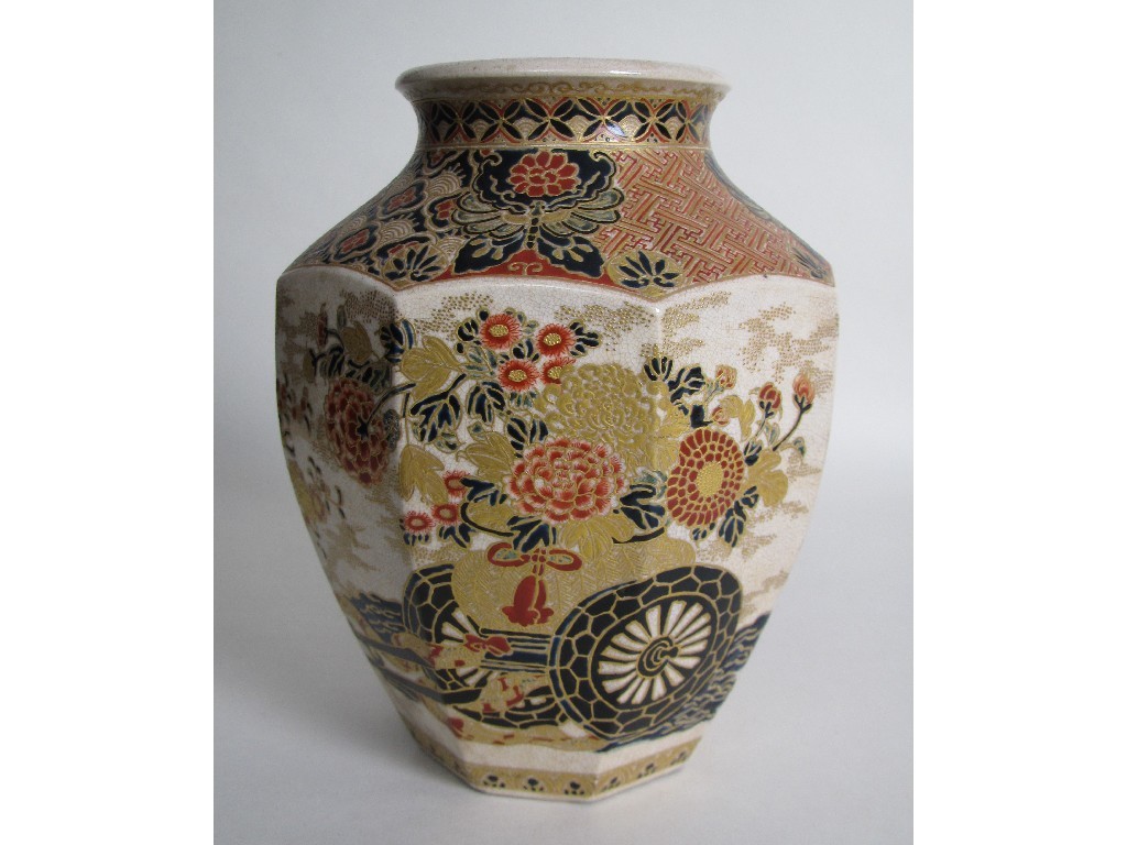 Appraisal: A Satsuma hexagonal panelled vase painted with a cart supporting