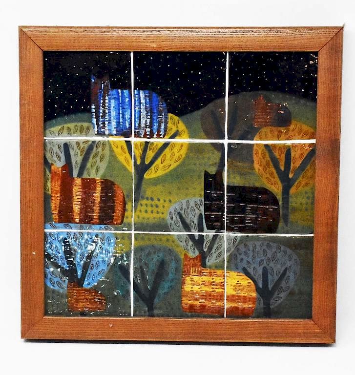 Appraisal: framed West Cote Bell pottery tiles framed West Cote Bell