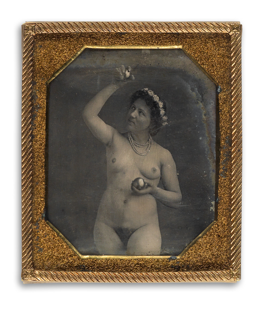 Appraisal: NUDE Hand-tinted sixth-plate daguerreotype of a nude who is wearing