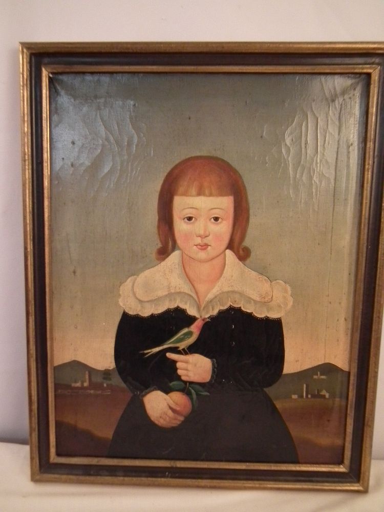 Appraisal: FOLK ART PAINTING GIRL BIRD Old folk art oil painting