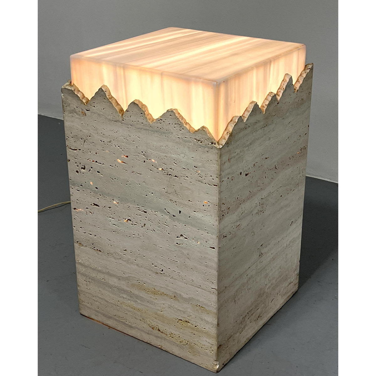 Appraisal: Unusual Travertine Column Display Pedestal Raw Shaped Travertine Top Rim