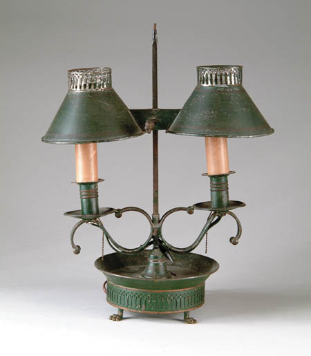 Appraisal: FINE ADJUSTABLE FRENCH STYLE TOLE LAMP Double cone shade with