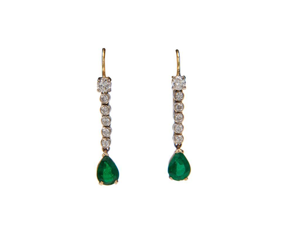 Appraisal: K Gold Emerald and Diamond Pendant Earrings featuring a prong-set