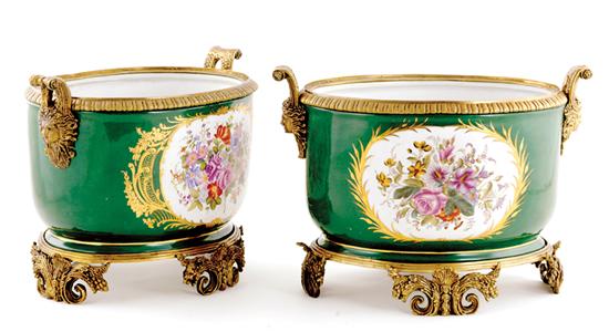 Appraisal: Pair Sevres-style ormolu-mounted jardineres ovoid porcelain bowls painted with floral