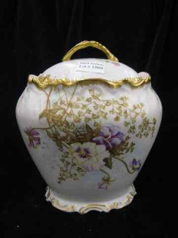 Appraisal: Limoges Handpainted Porcelain Biscuit Jar fine satin floral gold ''