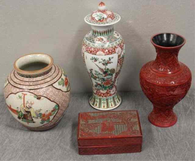 Appraisal: Pc Asian Lot incl Cinnabar Covered Box Cinnabar Vase and