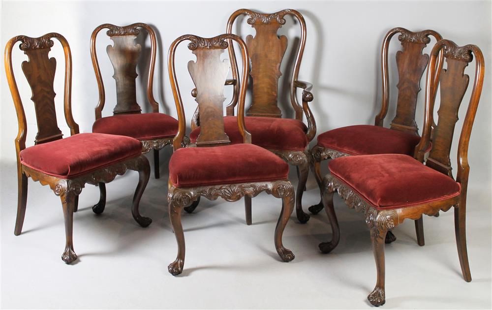 Appraisal: SET OF SIX QUEEN ANNE STYLE CARVED WALNUT DINING CHAIRS