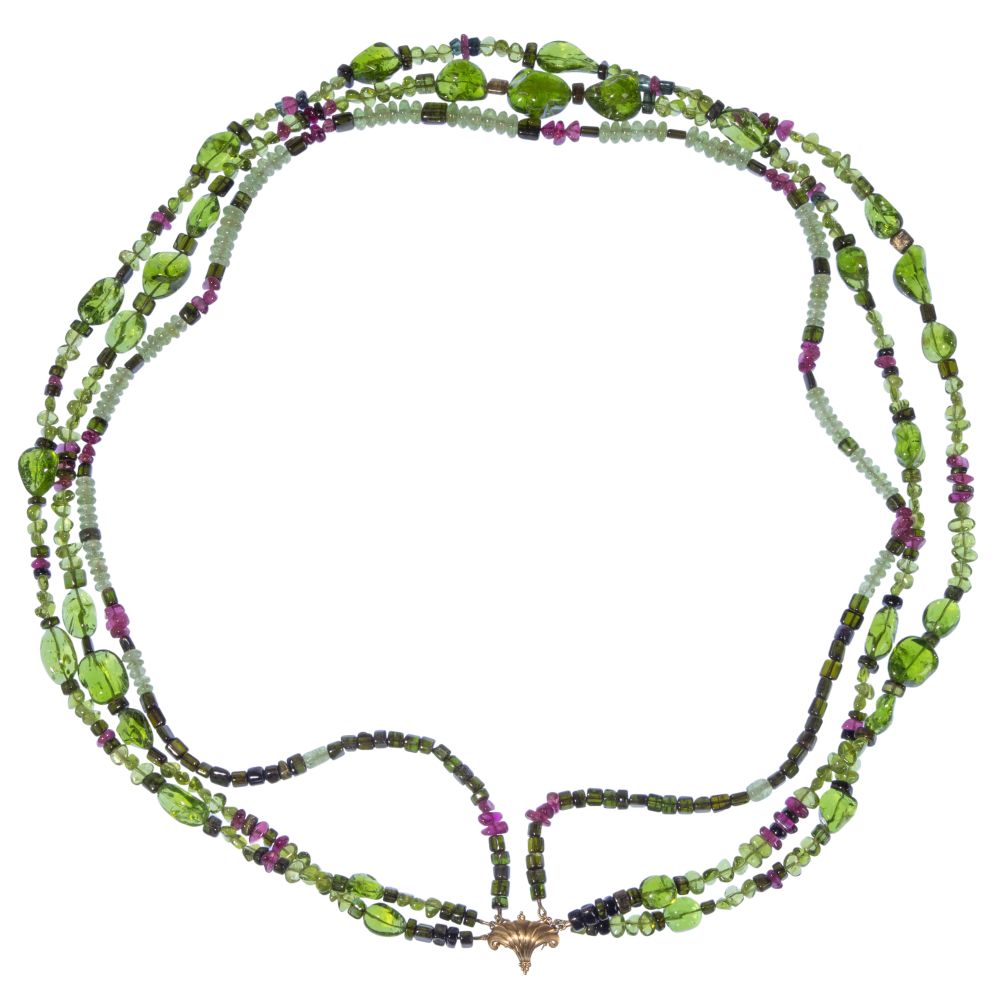 Appraisal: PAULA CREVOSHAY K YELLOW GOLD AND GEMSTONE NECKLACEHaving strands of