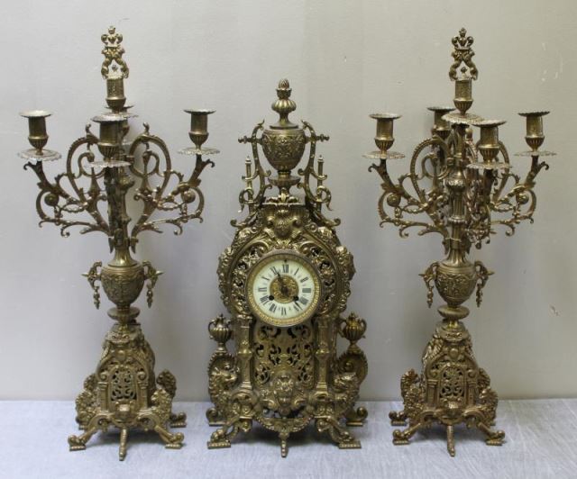 Appraisal: Piece Gilt Metal Clock Garniture Set From a Great Neck