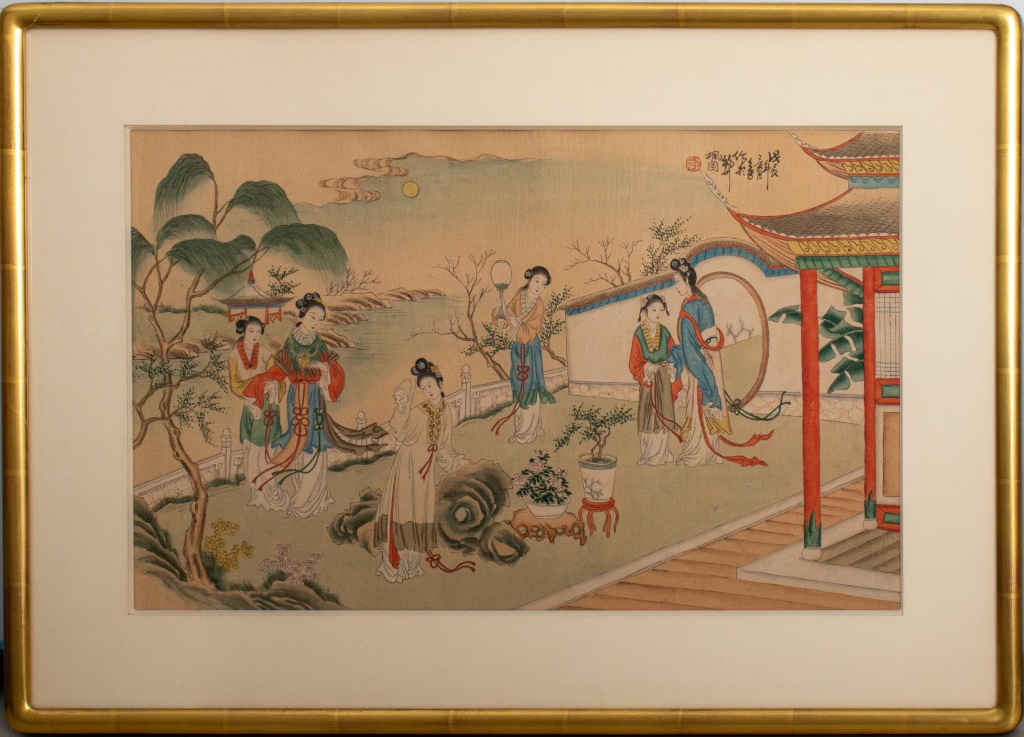 Appraisal: CHINESE PAINTING ON SILK OF BEAUTIES IN LANDSCAPE Chinese watercolor