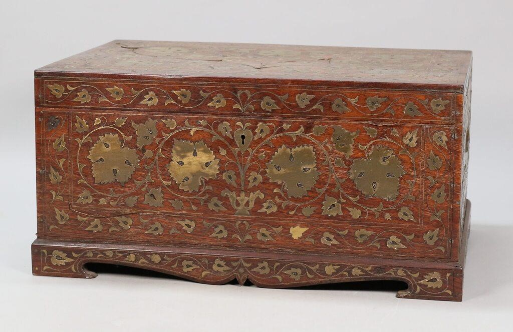 Appraisal: Indian camphor wood dressing case with brass inlays and fitted