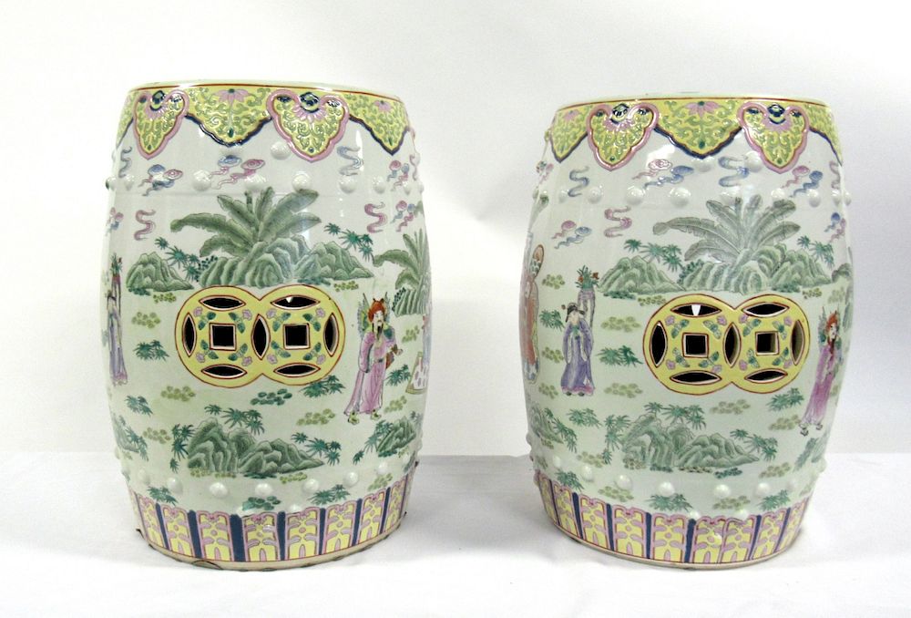 Appraisal: Pair of Famille Rose Enameled Garden Stools The pair decorated