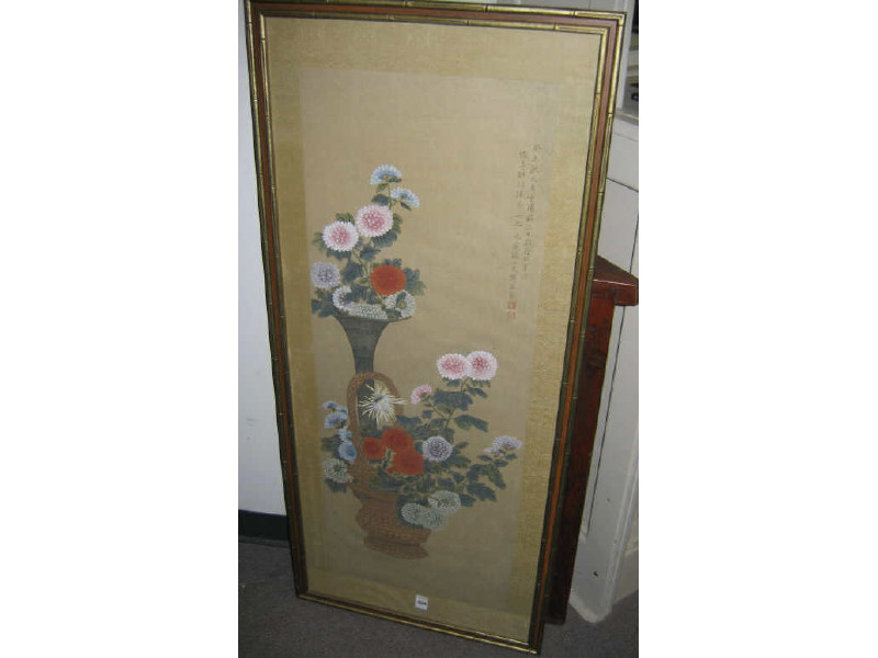 Appraisal: CHINESE TH CENTURY Scroll painting depicting stylized chrysanthemums in vases