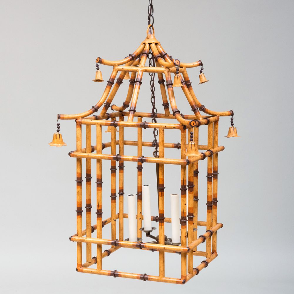 Appraisal: Painted Faux Bamboo and Brass Four-Light Lantern x x in