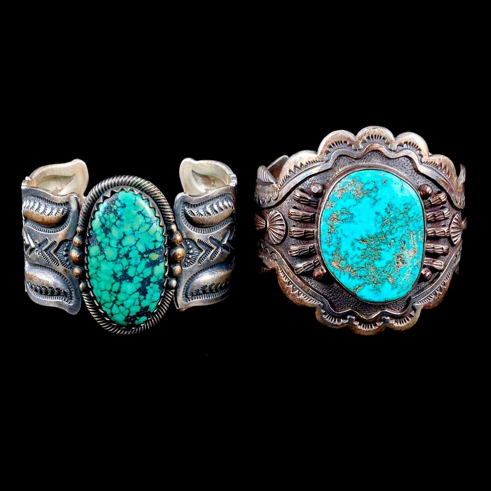 Appraisal: NAVAJO CUFF BRACELETS Two old pawn turquoise and silver cuff