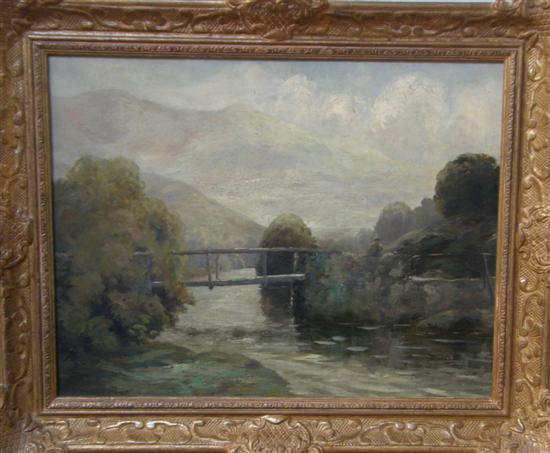 Appraisal: H Richardson oil on board riverscape with bridge and figure