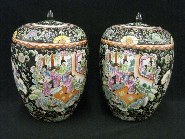 Appraisal: Pair of Oriental Pottery Covered Jars tall