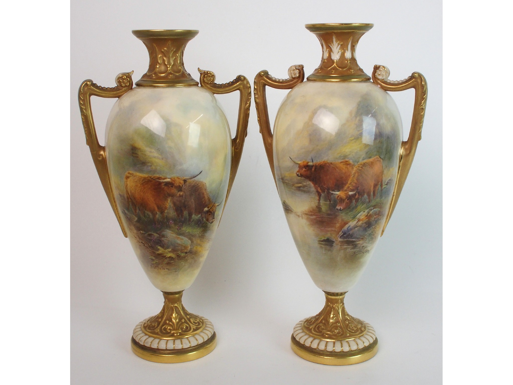 Appraisal: A pair of Royal Worcester vases painted by J Stintonthe