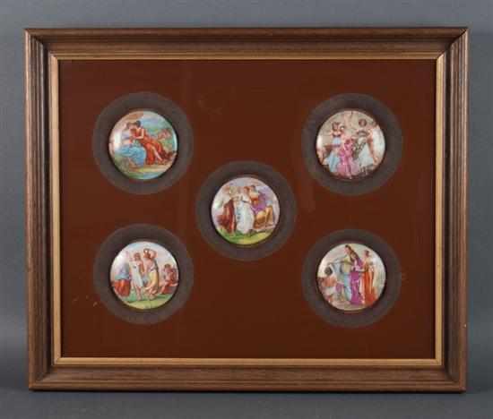 Appraisal: Set of five German miniature painted transfer porcelain round miniature