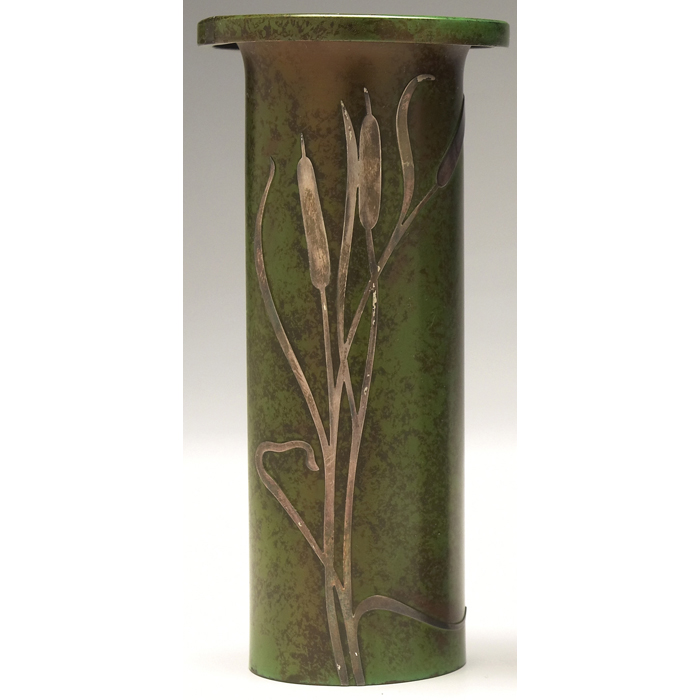 Appraisal: Heintz vase sterling on bronze applied cattail design original green