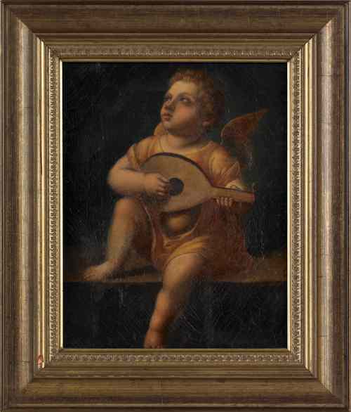 Appraisal: Oil on canvas of a cherub playing a lute th