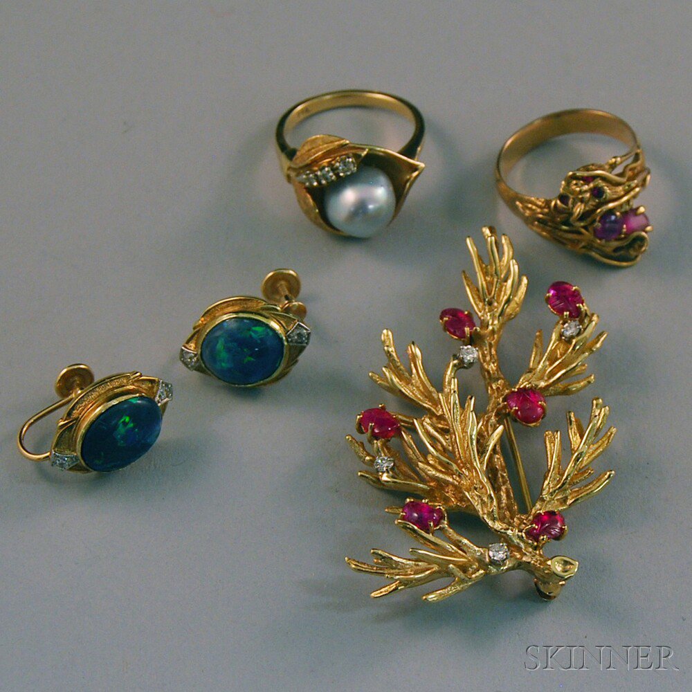 Appraisal: Small Group of kt Gold Gem-set Jewelry a gold carved