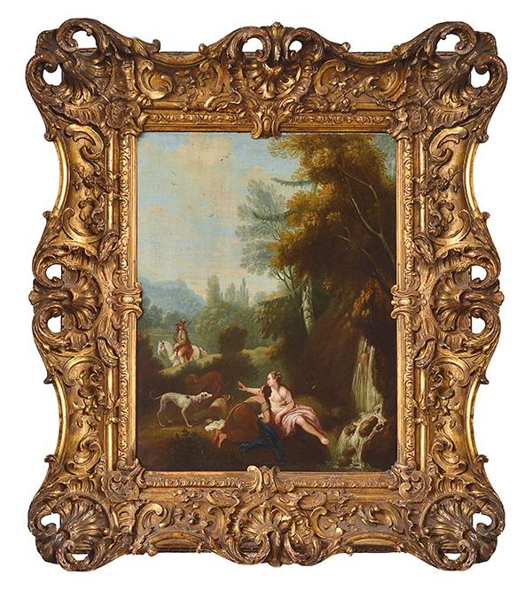 Appraisal: TH CENTURY FRENCH SCHOOL figures by a waterfall oil on