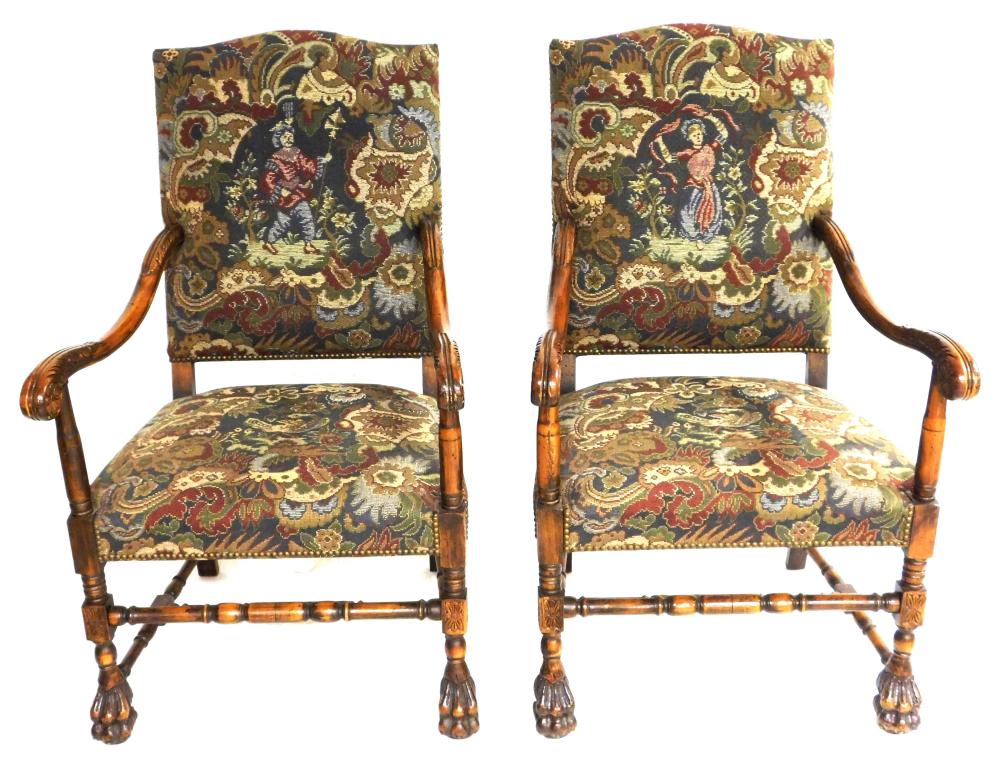 Appraisal: Pair of Renaissance Revival armchairs with needlepoint style upholstery th