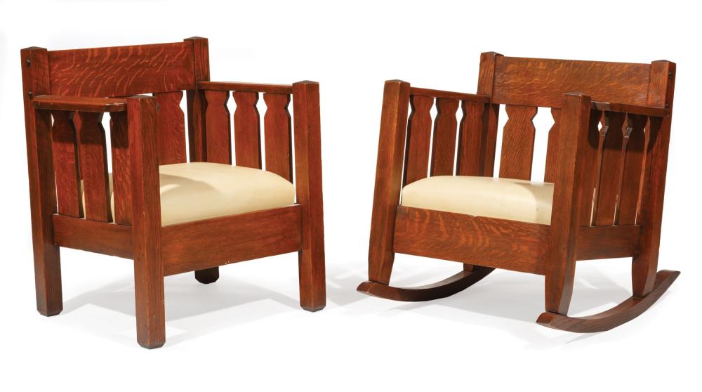 Appraisal: Two Craftsman Oak Armchairs one a rocker pyramid tops shaped