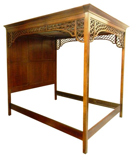 Appraisal: th C canopied bedstead coffered head backboard pierced fretwork along