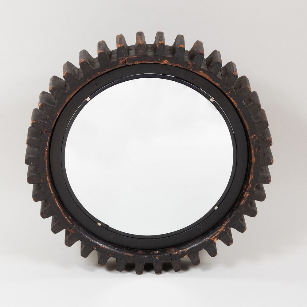 Appraisal: Ebonized Wood Cog Form Mirror in diam Sold Stair August