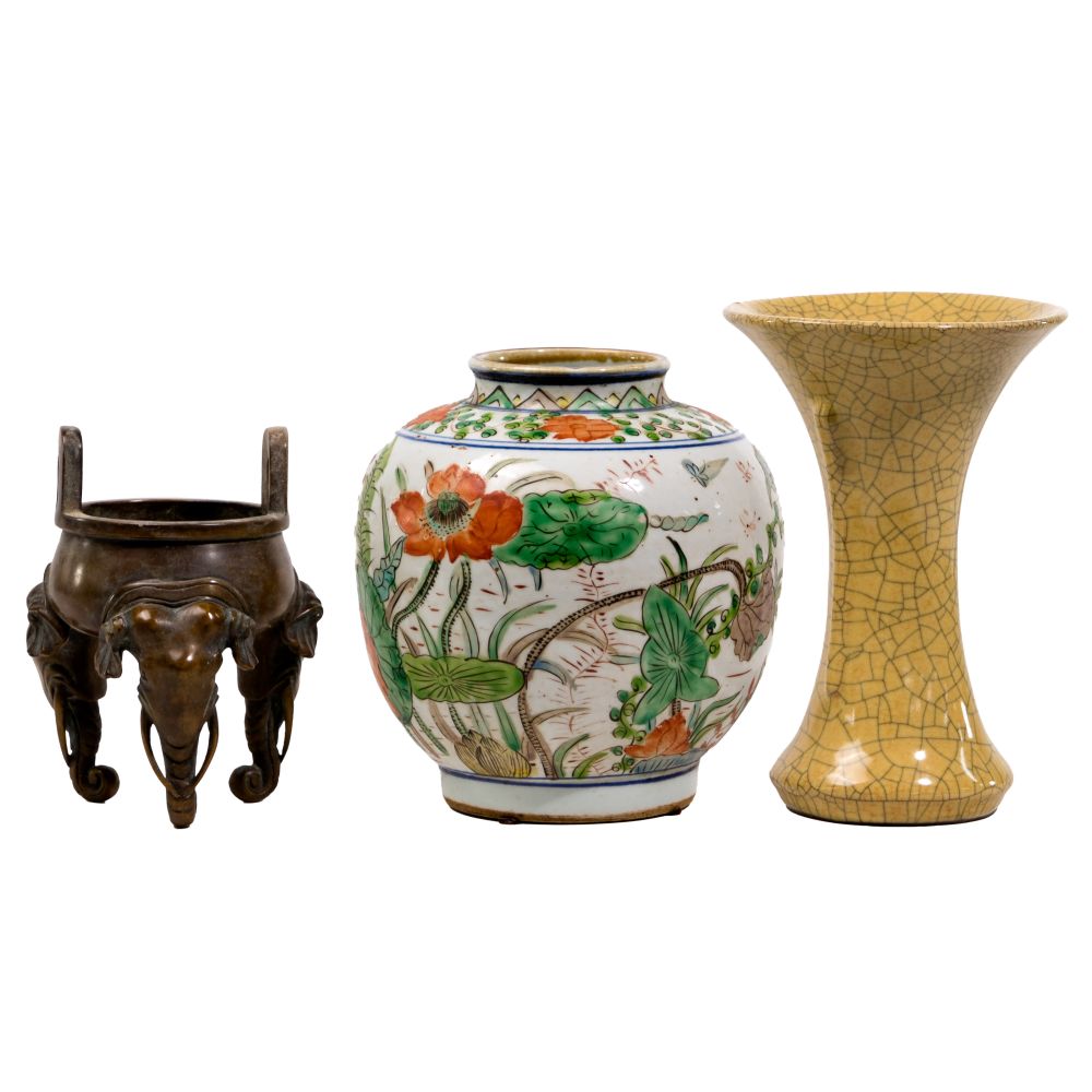 Appraisal: CHINESE BRONZE CENSER CERAMIC JAR AND CERAMIC VASE items including