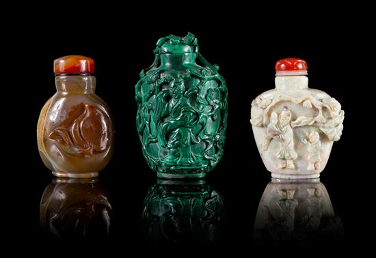 Appraisal: Sale Lot Three Carved Hardstone Snuff Bottles the first a