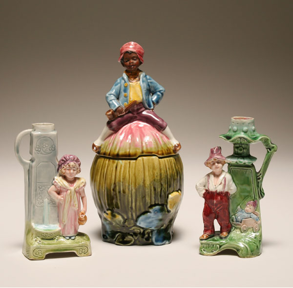 Appraisal: Three figural majolica pieces including humidor African American child humidor