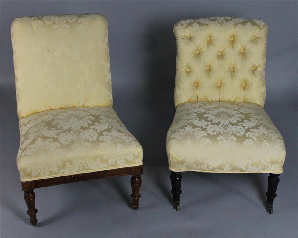 Appraisal: TWO UPHOLSTERED BOUDOIR CHAIRS one having a tufted upholstered back