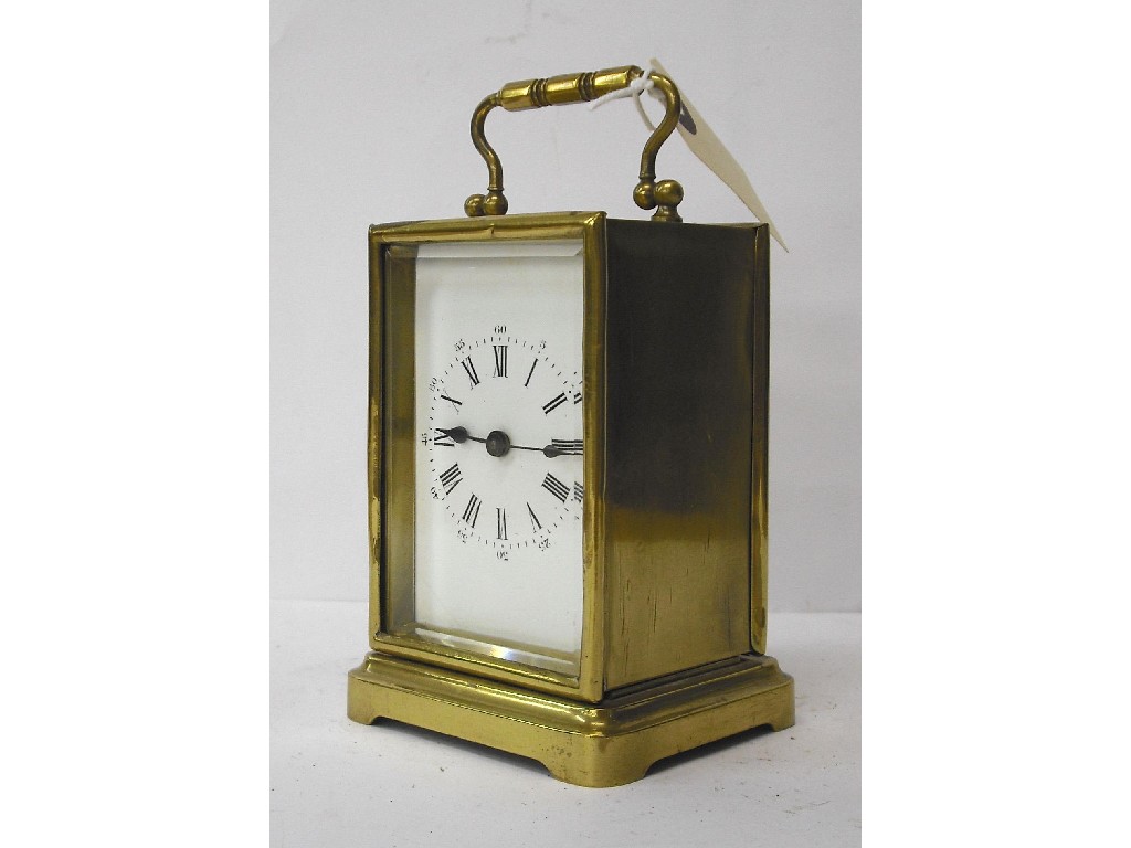 Appraisal: French brass carriage timepiece within a corniche style case high