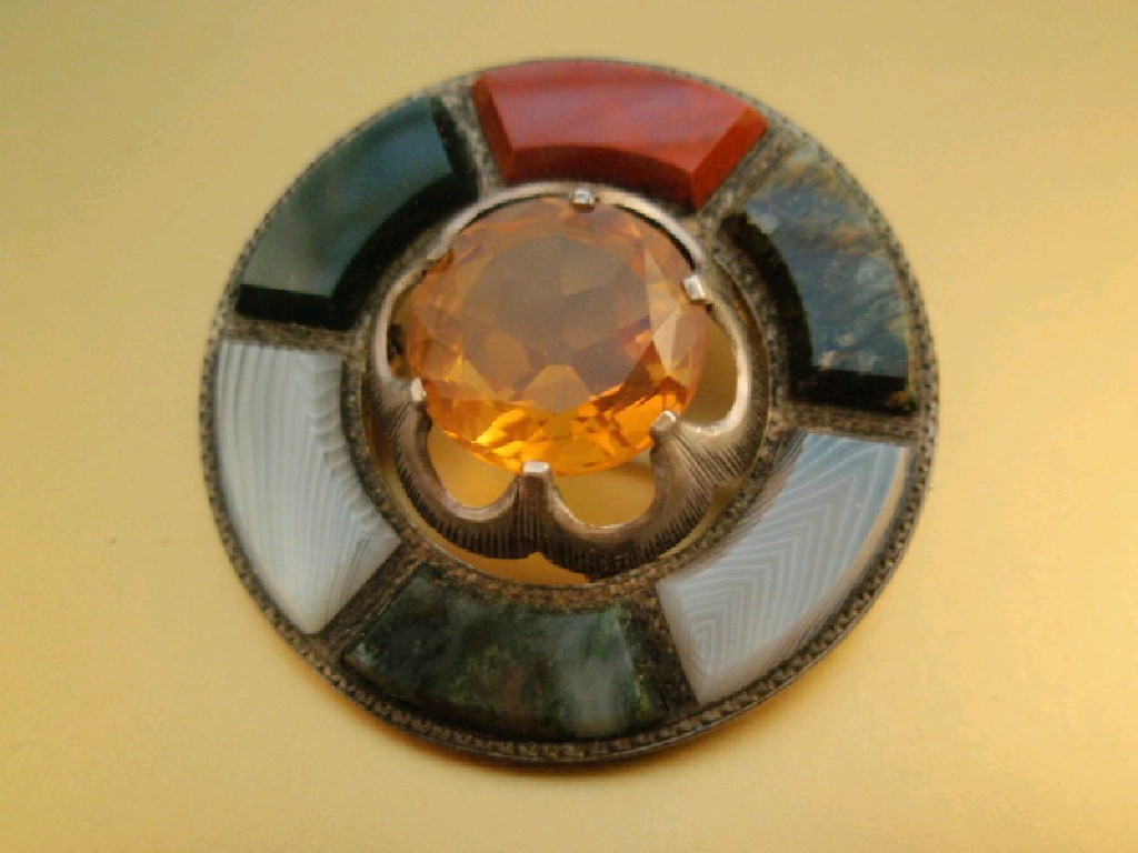 Appraisal: A Scottish agate and citrine set circular brooch set in