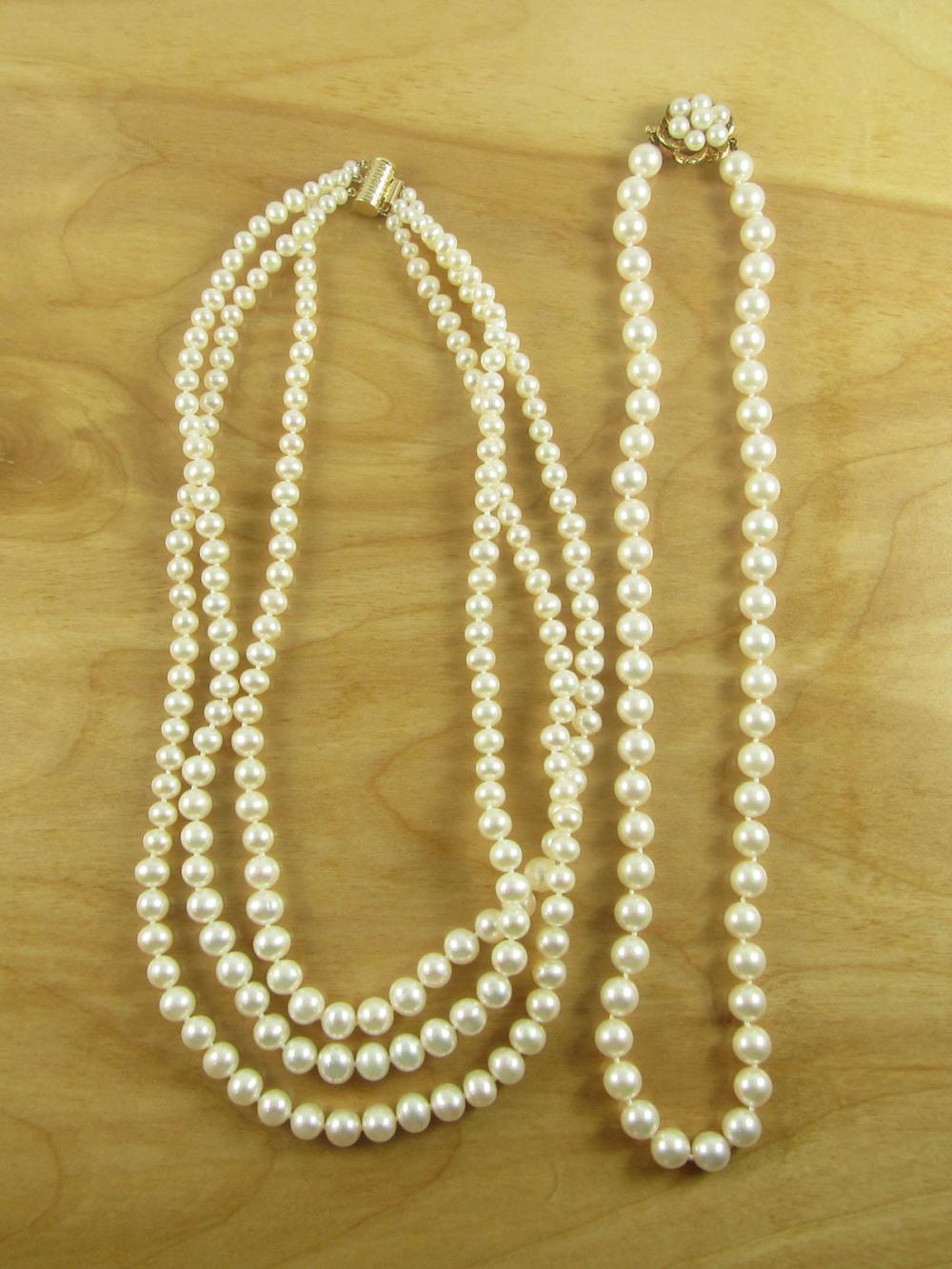 Appraisal: TWO PRINCESS LENGTH PEARL NECKLACES including a triple strand necklace