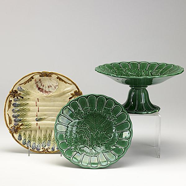 Appraisal: THREE FRENCH MAJOLICA PIECESTwo green leaf decorated compotes and an