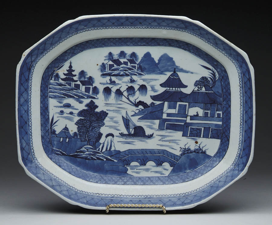 Appraisal: BLUE AND WHITE CANTON PLATTER Deep platter with cut corners