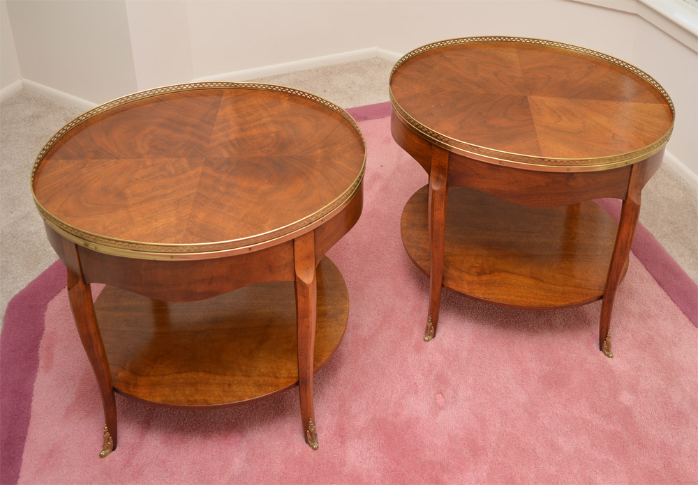 Appraisal: PAIR BAKER FURNITURE SIDE TABLES Pierced brass gallery bookmatched mahogany