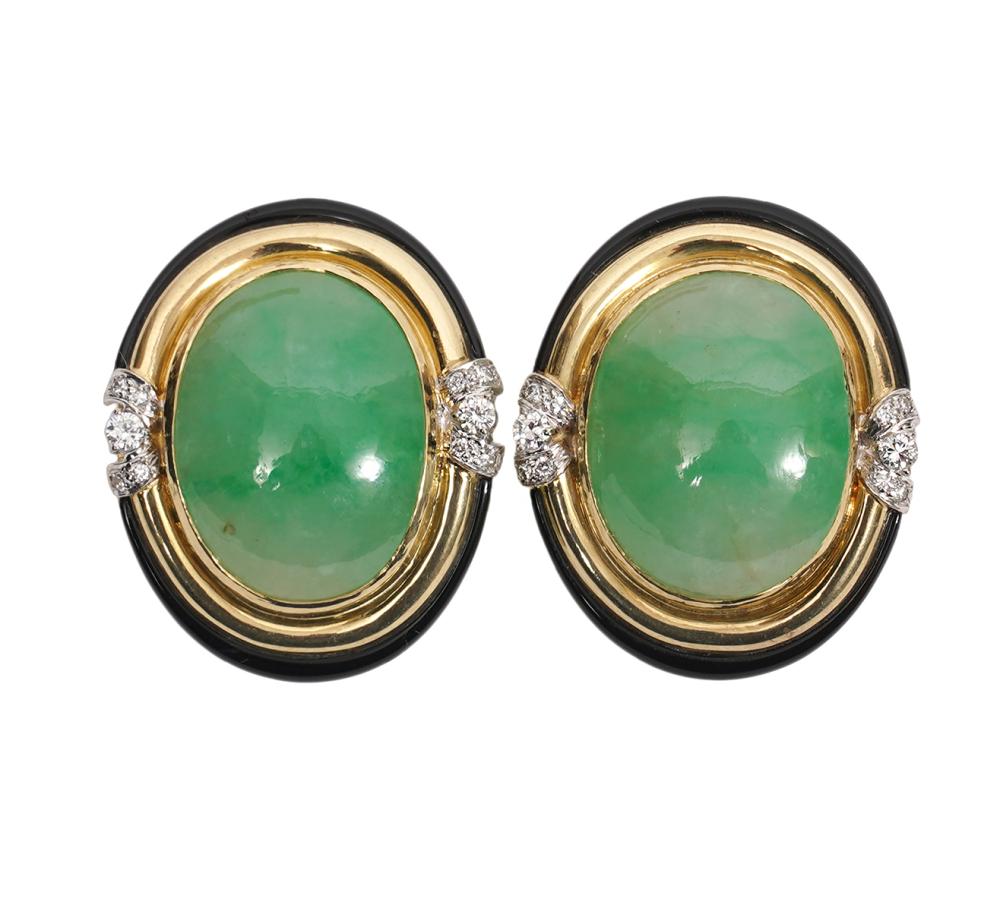 Appraisal: K YG JADE ENAMEL DIAMOND EARRINGS K yellow gold contemporary