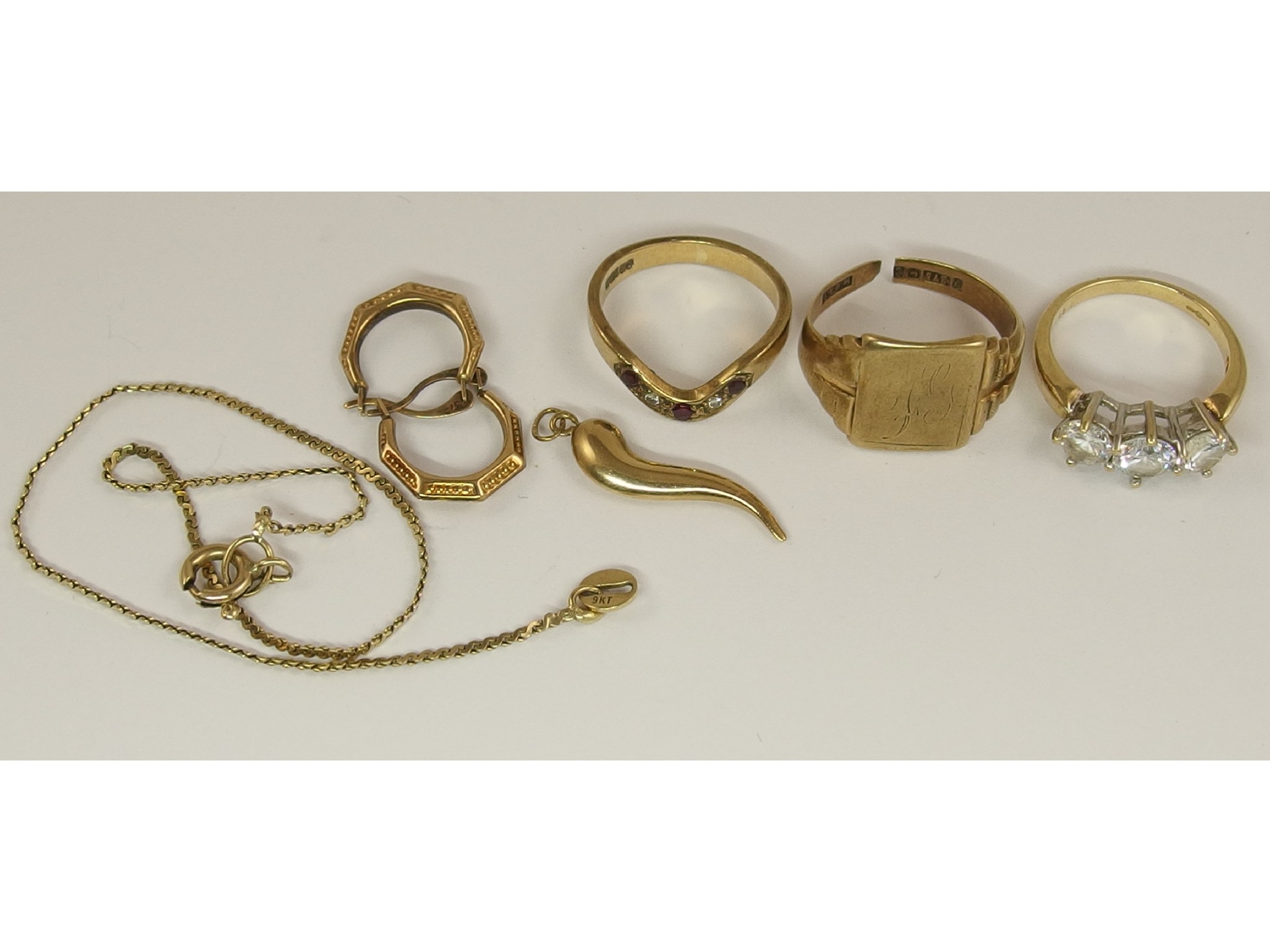 Appraisal: Three ct rings earrings snake chain bracelet and horn charm