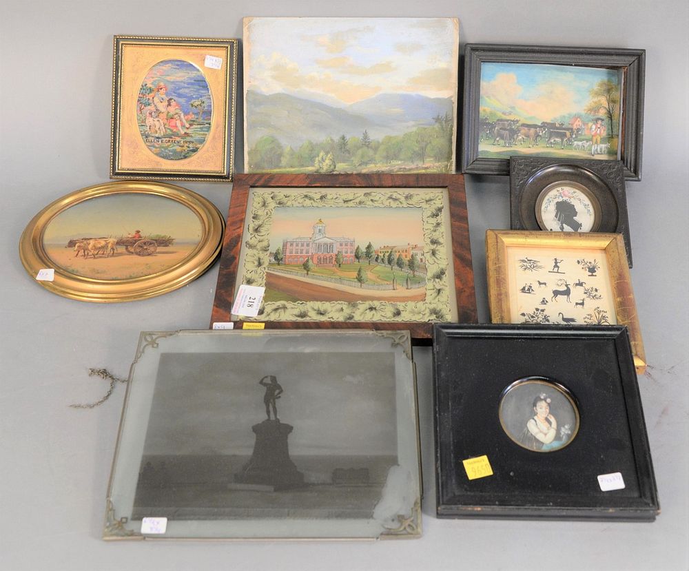 Appraisal: Nine piece lot to include four paintings miniature reverse painting